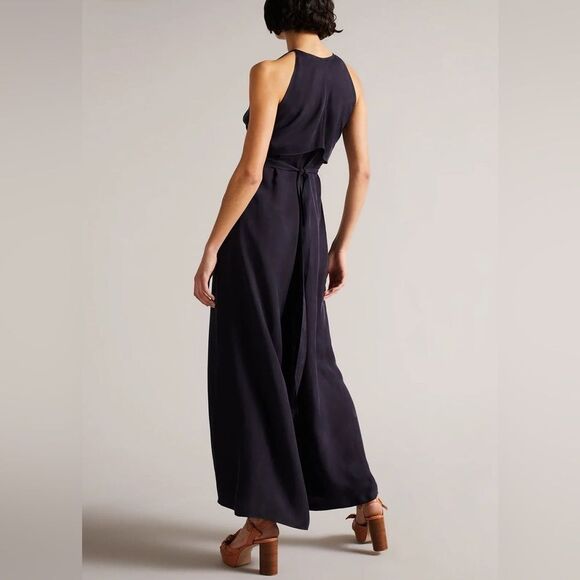Ted Baker Delvina Halterneck Wide Leg Flowy Wrap Tie Jumpsuit Pocket Dark Navy 4 - Picture 2 of 12